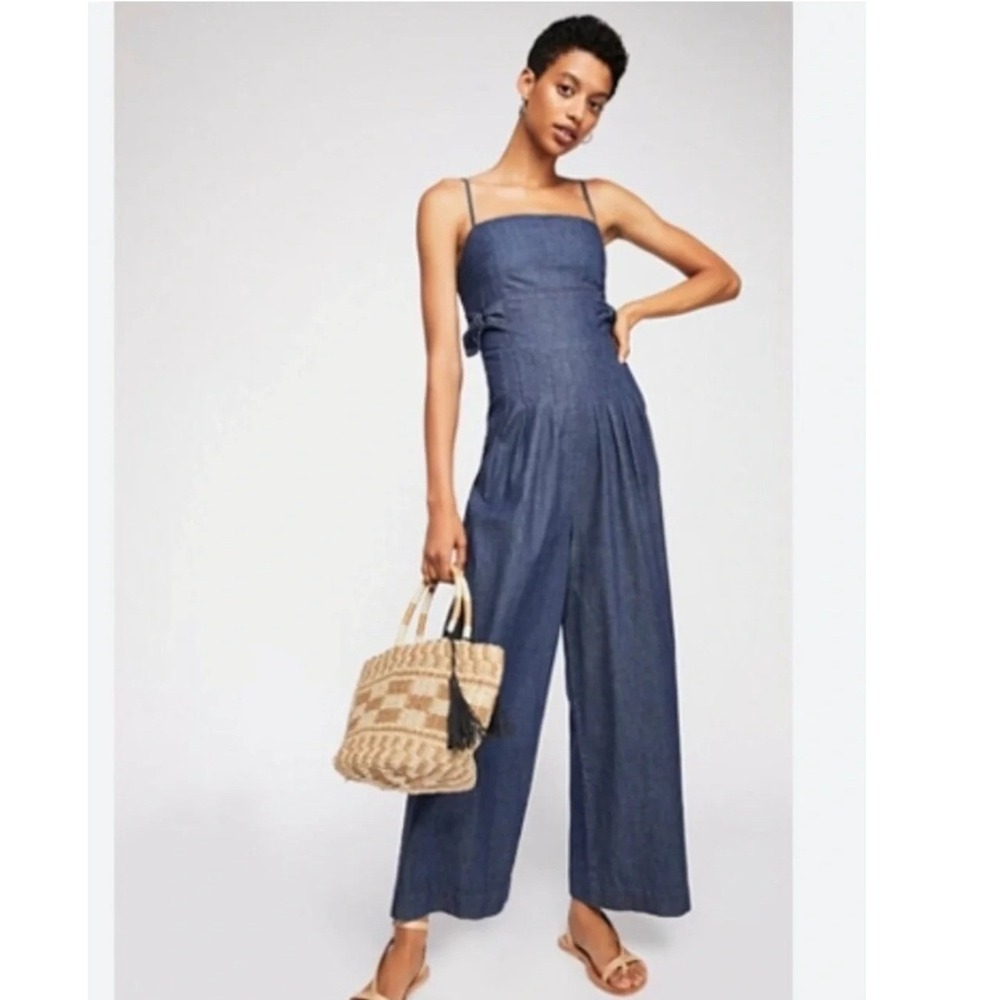 Free People Women 4 Brittany Denim Jumpsuit Blue Wide Leg Boho Sleeveless